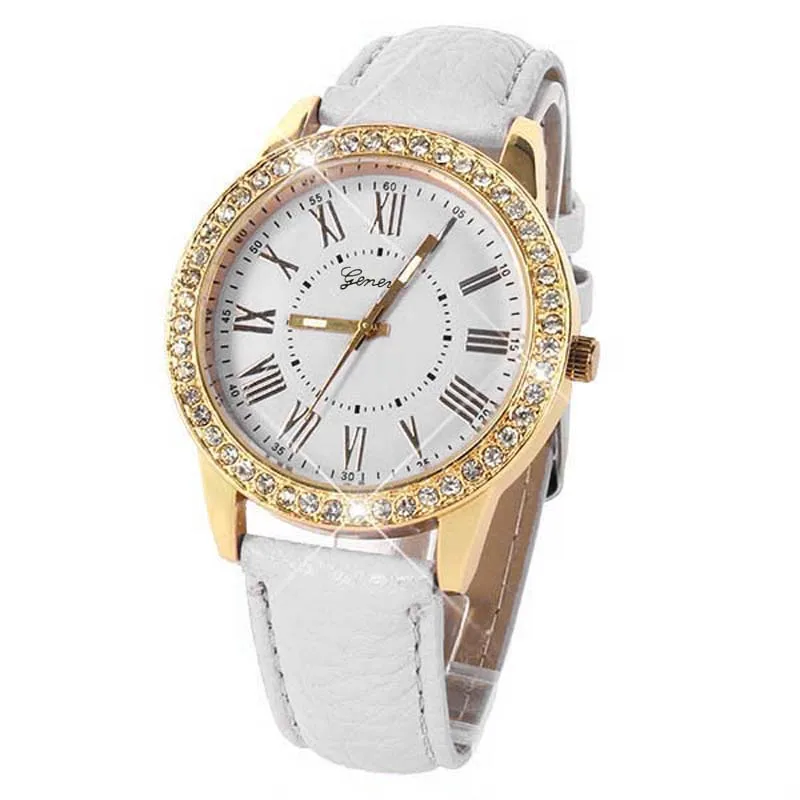 New Casual Luxury Women's Watch Bling Gold Crystal Women Luxury Leather Strap Quartz Watch Female Causal Clock Relogio Feminino