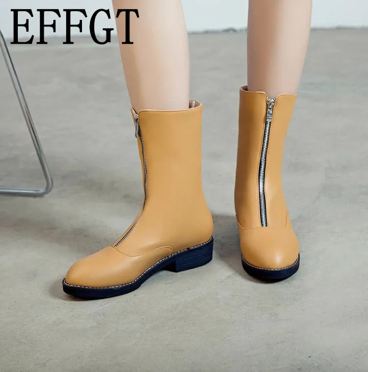 

EFFGT Front zipper booties fashion Women shoes 2019 winter Low Heel Martin Boots Casual Women Boots White black yellow blue A332