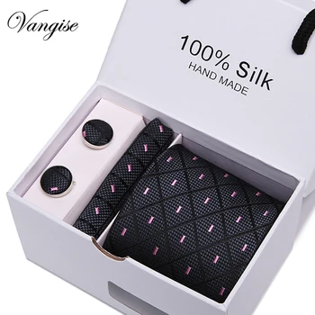 

Men`s Tie 100% Silk Pink Plaid print Jacquard Woven Tie+ Hanky + Cufflinks Sets For Formal Wedding Business Party Free Postage