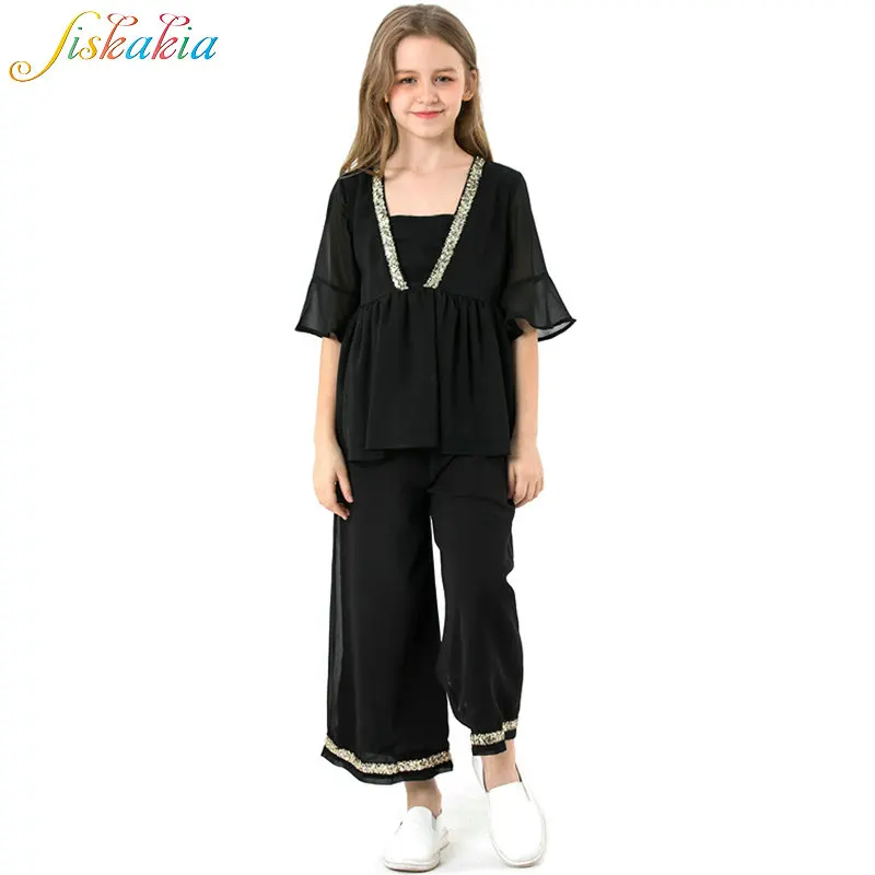 

Siskakia Middle East Muslim Child Girls 2 Pieces Set Black Chiffon Blouse and Ankle Length Pants Sequin Ruffle Draped Patchwork