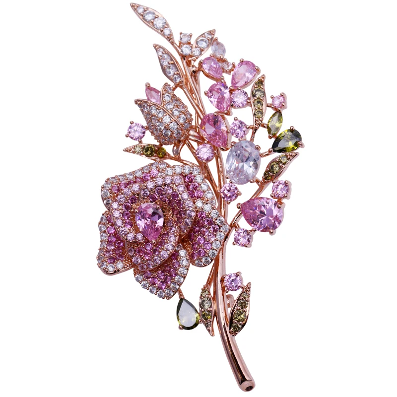 Creative Bridal Jewelry Accessory Pink Cubic Zircon Luxury Rose Flower Brooch Suit Brooches Pin Lady Scarf Button Jewelry Gift
