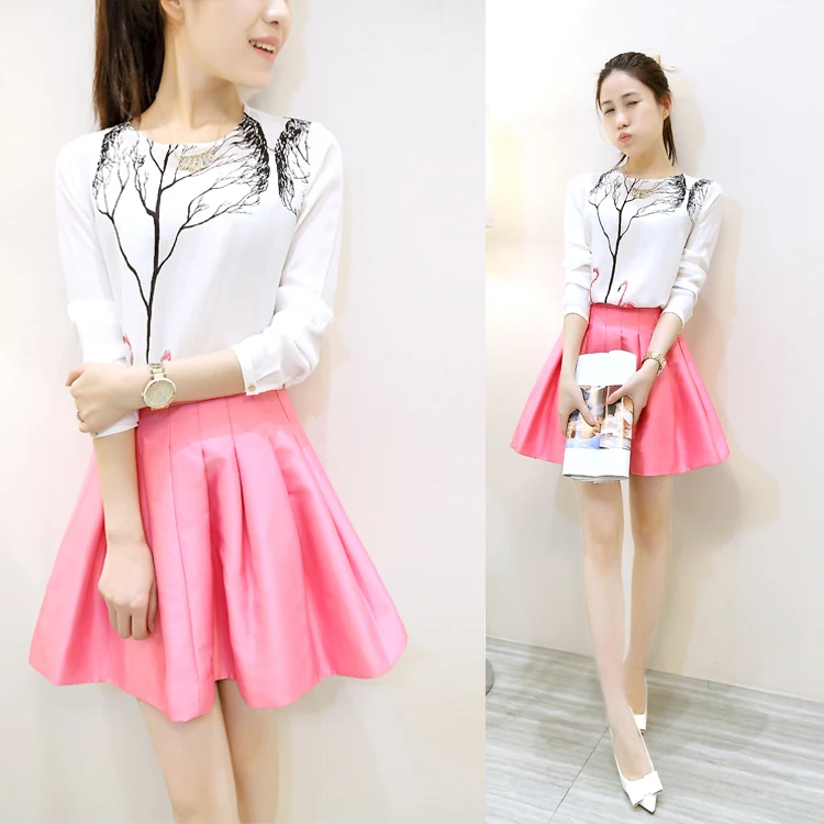 2017 autumn clothing set korean fashion swan tree printed white shirt pleated pink skirt 2 2017 autumn clothing set korean fashion swan tree printed white shirt pleated pink skirt 2