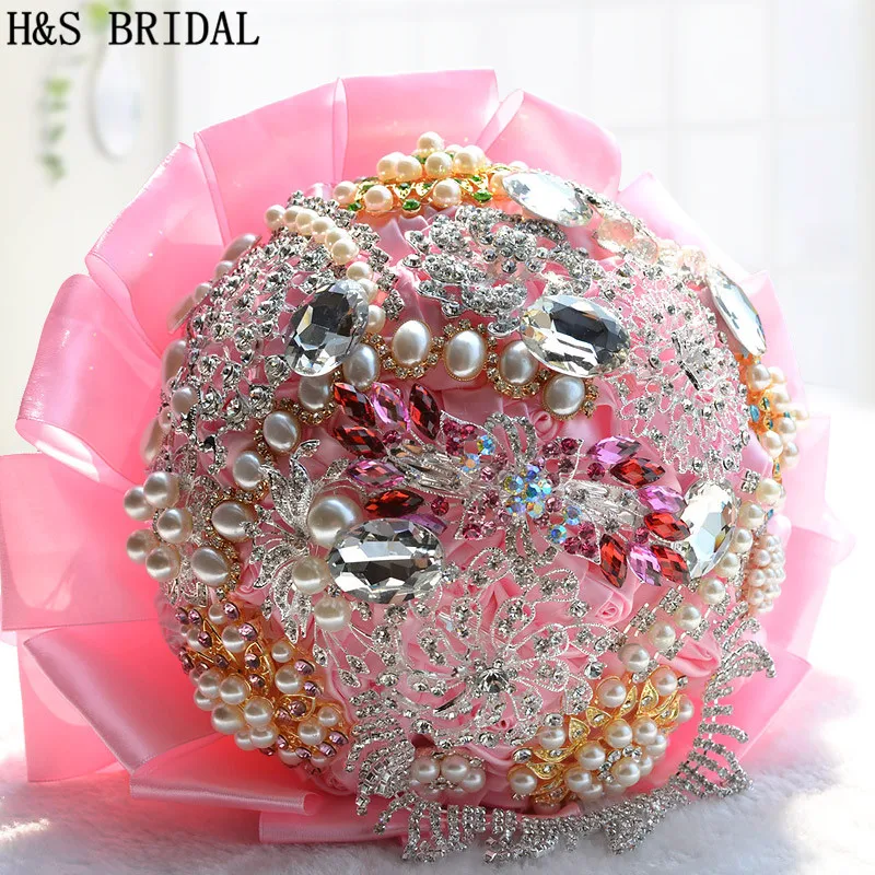 

Gorgeous 2019 buque de noiva Wedding Flowers Bridal Bouquets Blue Pink Artificial Wedding Bouquet Crystal Sparkle With Pearls