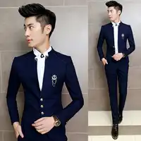 ファッション Masculino Ternos 2017 新着ネイビーブルー結婚式の男性タキシードスタイリッシュな龍男性ビジネス男性スーツブレザーとパンツ