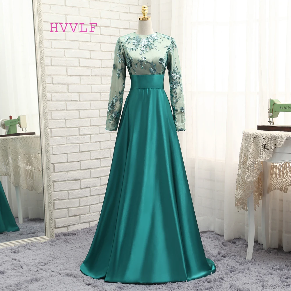 

HVVLF Green Muslim Evening Dresses 2019 A-line Long Sleeves Satin Sequins Elegant Long Evening Gown Prom Dress Prom Gown