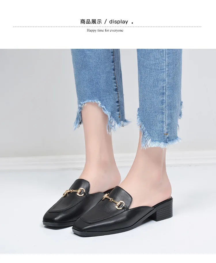 Summer Fashion Genuine Leather Mules Block Heels Shoes Woman Slipper Modis Black Casual Shoes Women Ladies Sliders Female