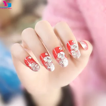 

3 Set Beauty Fake Nails Glitter Sexy Red Strass Unha Designs 3D Artificial Plastic False Nails Party Wedding Bride Nail Art Tips