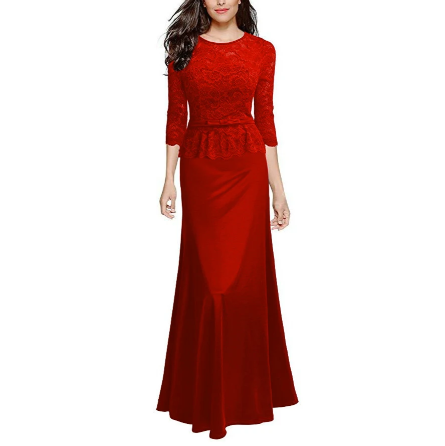 Женское длинное вечернее сексуальное платье в стиле ретро с цветочным кружевом и баской, элегантные вечерние платья макси, платья в пол - Цвет: red