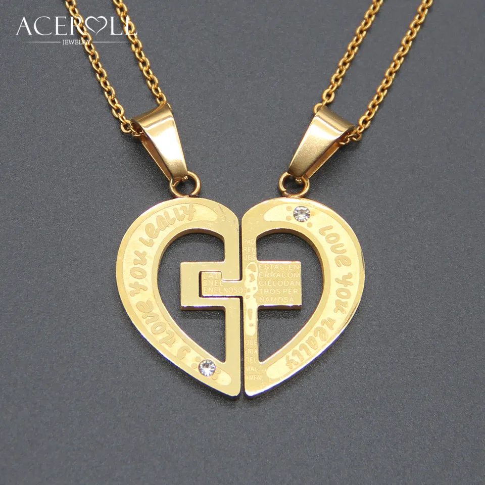 ACEROLL Stainless Steel Couple Necklace Matching Cross Broken Heart With I Love You And Scripture Engraved Puzzle | Украшения и