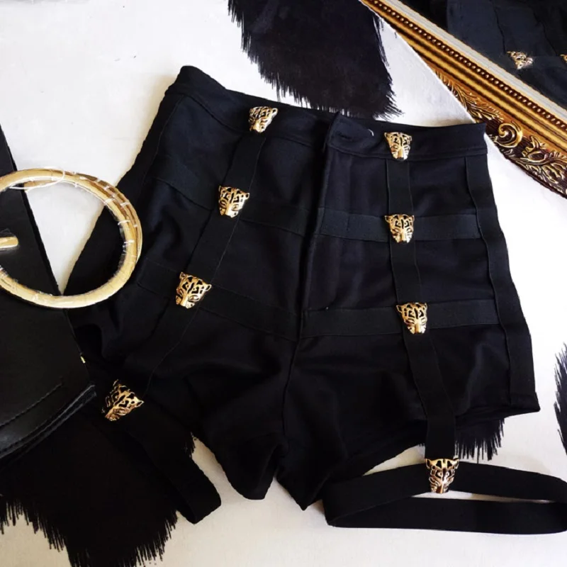 Дропшиппинг панк женские шорты металлические леопардовые пуговицы украшения эластичная лента выдалбливают хип-хоп летние модные шорты