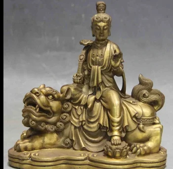 

SHUN Chinese Brass Copper Samantabhadra Bodhisattva Kwan Yin Sit Foo Dog lion Statue