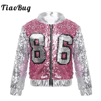 

TiaoBug Kids Teens Sequins Long Sleeves Street Dancing Jacket Coat Children Girls Stage Performance Hip Hop Jazz Dance Costumes