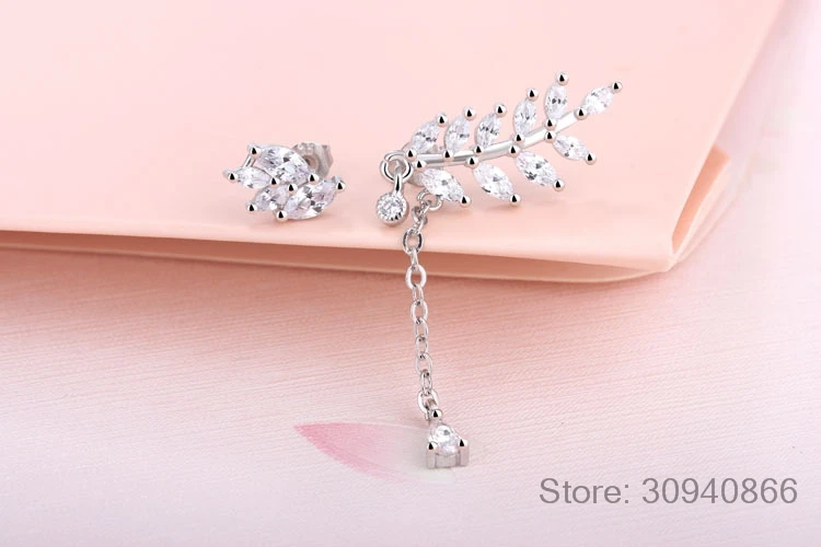 New Asymmetric leaf CZ Zirconia Stud Jewelry Real Pure 925 Sterling Silver Luxury Earrings Women Dress Free Shipping RJ