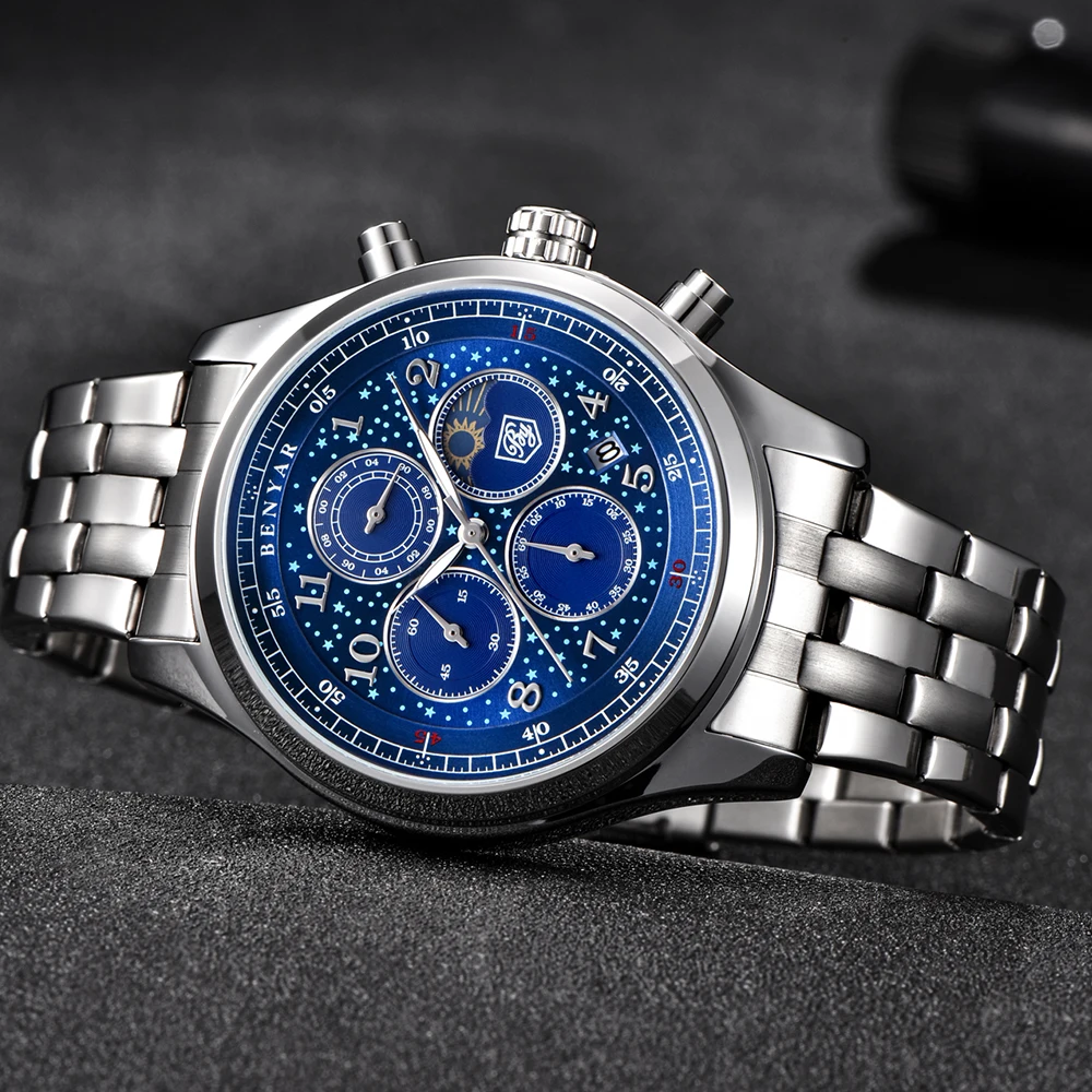 Новые Benyar мужские часы moon phase кварцевые роскошные полностью из нержавеющей стали