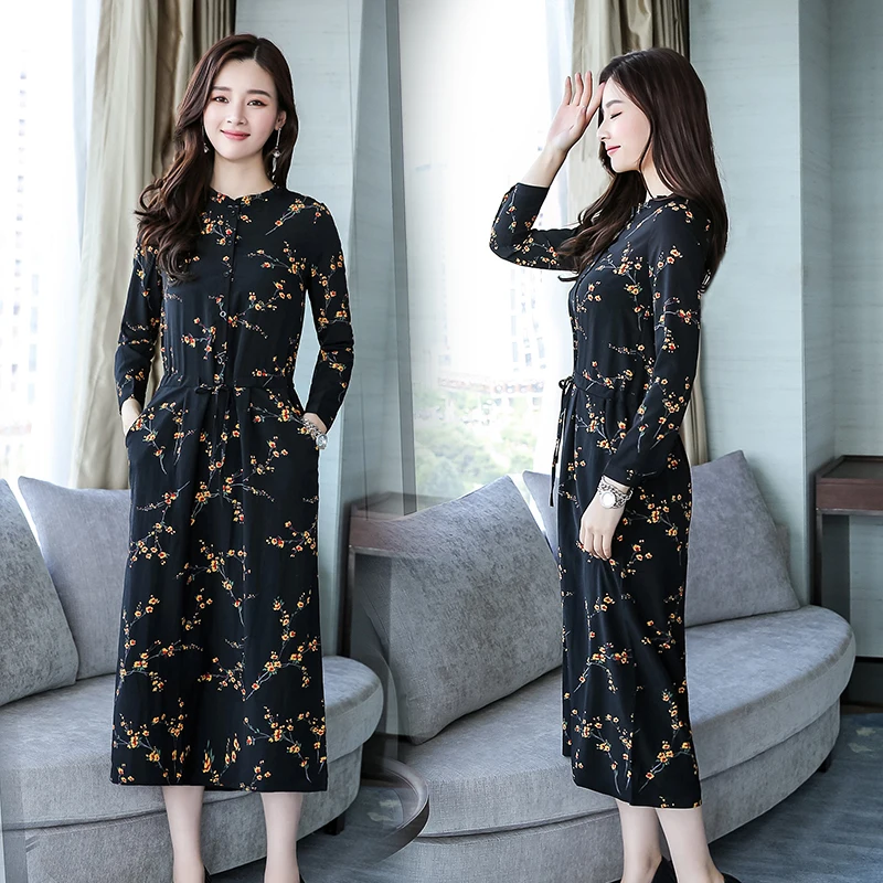

0120# 2017 Autumn New Korea Women Fashion Elegant Long-sleeved O-neck Chiffon Floral Printed Maxi Dress Casual Dress Vestidos