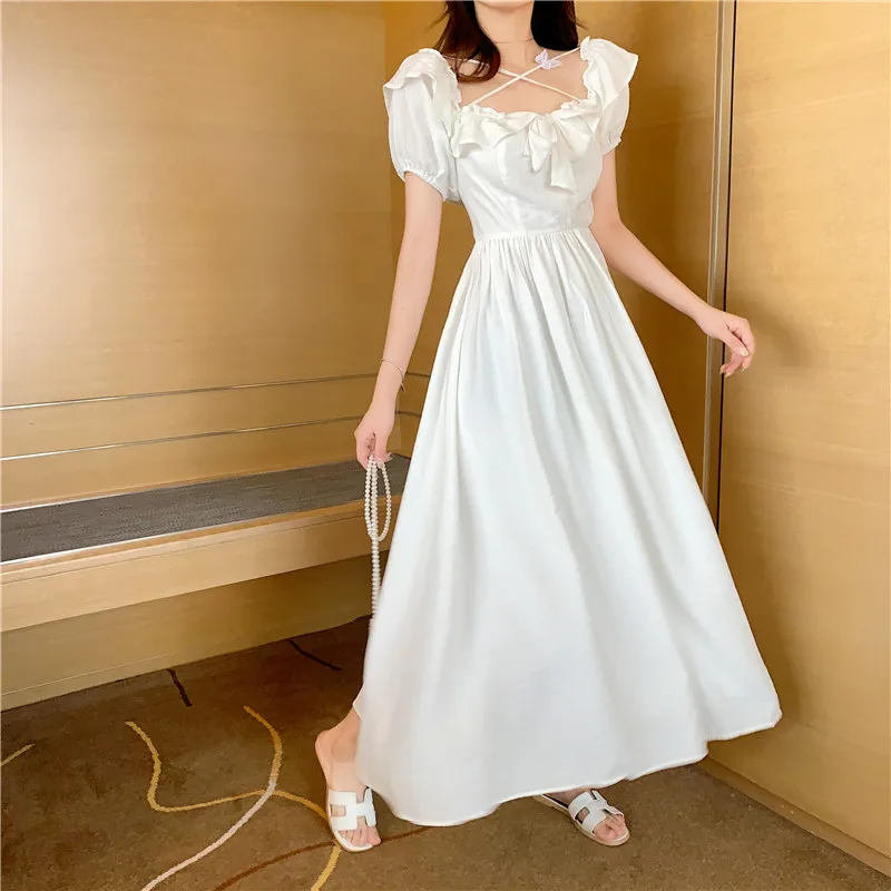Женское летнее приталенное платье в стиле ретро, милое белое ТРАПЕЦИЕВИДНОЕ ПЛАТЬЕ средней длины с пышными рукавами, сексуальное платье феи с квадратным воротником и оборками, Vestidos