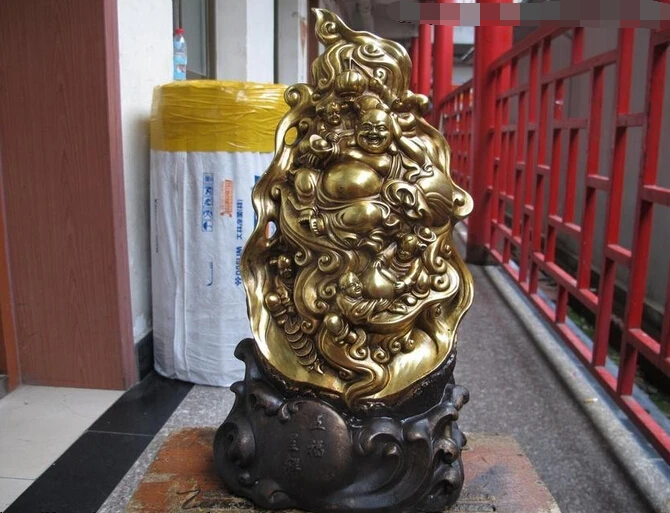 

wholesale factory China Buddhism Bronze Gild Lucky Wealth Five boy arhat Maitreya Buddha Statue