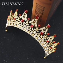 Винтажная золотая корона для невесты, красные хрустальные королевские короны, диадемы для женщин, украшения для волос, свадебная корона принцессы, стразы