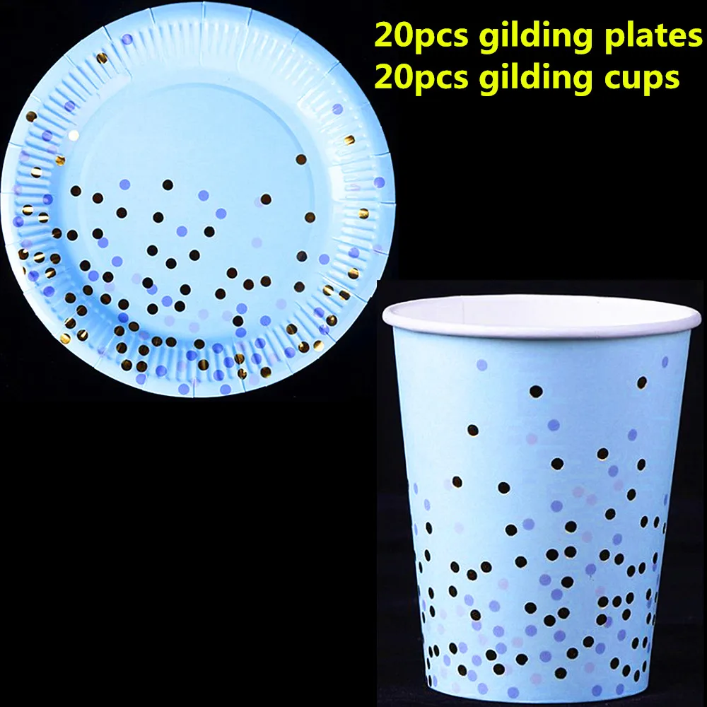 

Quality 40pcs happy birthday kids baby boy shower 1st party decoration set blue dot gold-plating gilding cup plates supplier