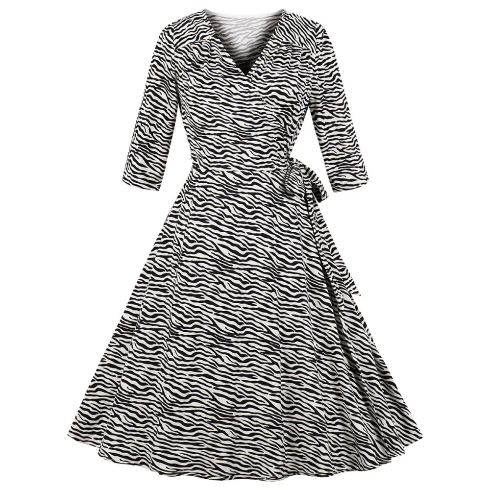 

Women Elegant Print Vintage Dress Summer Sexy V-Neck Half Sleeve Belt Swing Retro Dress High Waist A-Line Party Dresses