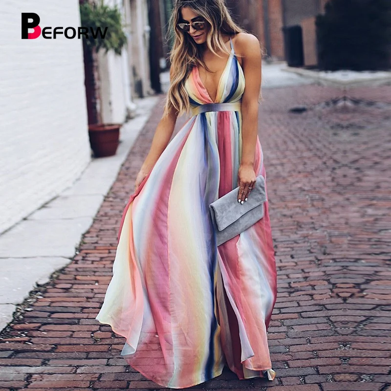 

BEFORW 2019 Spaghetti Strap Summer Long Dress Women Sexy V Neck Chiffon Boho Maxi Dresses Ladies Casual Dress vestidos de verano