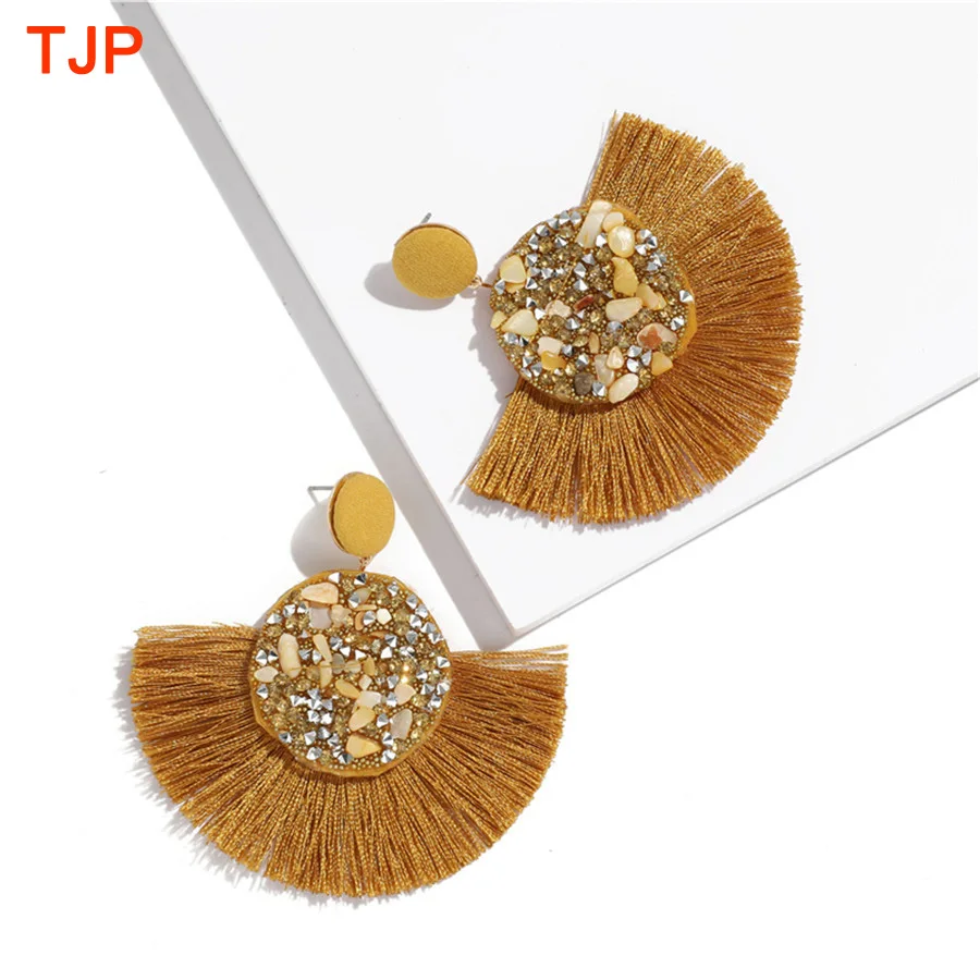 

2019 New Bohemian Tassel Earrings for Women Stone Gravel Long Sector Rope Fringes Drop Dangle Earrings Boho Statement Earrings