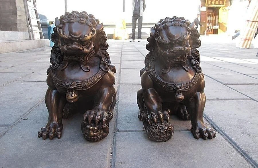 Lucky Chinese Fengshui Pure Brass Guardian Foo Fu Dog Lion Statue Pair