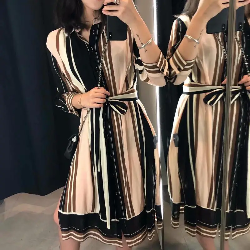 

2019 Spring New Arrival Euro-american Style 3/4 Sleeve Slim Stripe Side Slit Shirt-style Women Dresses With Sash Free Shipping