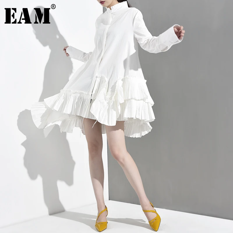  [EAM] 2020 New Autumn Winter Stand Collar Long Sleeve White Irregular Hem Ruffles Loose Shirt Women