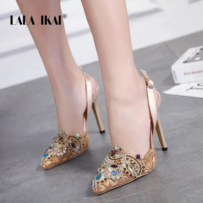 

LALA IKAI Wedding Shoes Rhinestone Summer Sexy Women Sandals 12cm High Heels Buckle Strap Pointed Toe Sandalia 014C3421-4