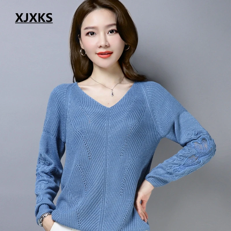 

XJXKS Exquisite Workmanship 2019 New Selling Women Korean Sweater Dropped Sleeve Appliques Design Women Pullover Sweater