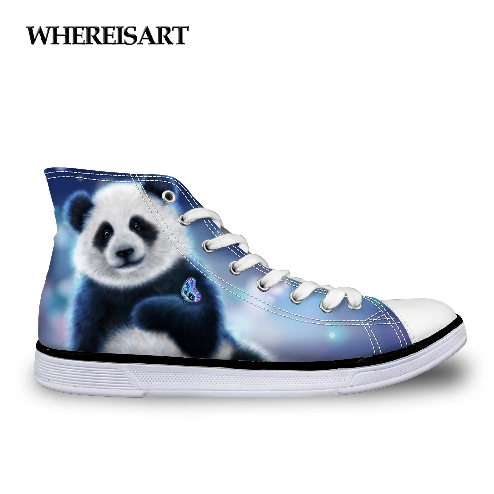 

WHEREISART High Top Women Fashion Casual Shoes Woman Cute Animal Panda Flats Canvas Vulcanized Shoes for Ladies Leisure Shoes