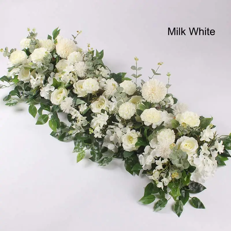 50cm Length DIY Arch Flower Row Silk Flower with Foam Acanthosphere Rose Peony Mix Flower for Wedding Backdrop Decoration - Цвет: Milk White