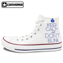 Women Men White Converse Chuck Taylor Shoes Hand Painted Police Box Unisex Canvas Sneakers High Top Flats