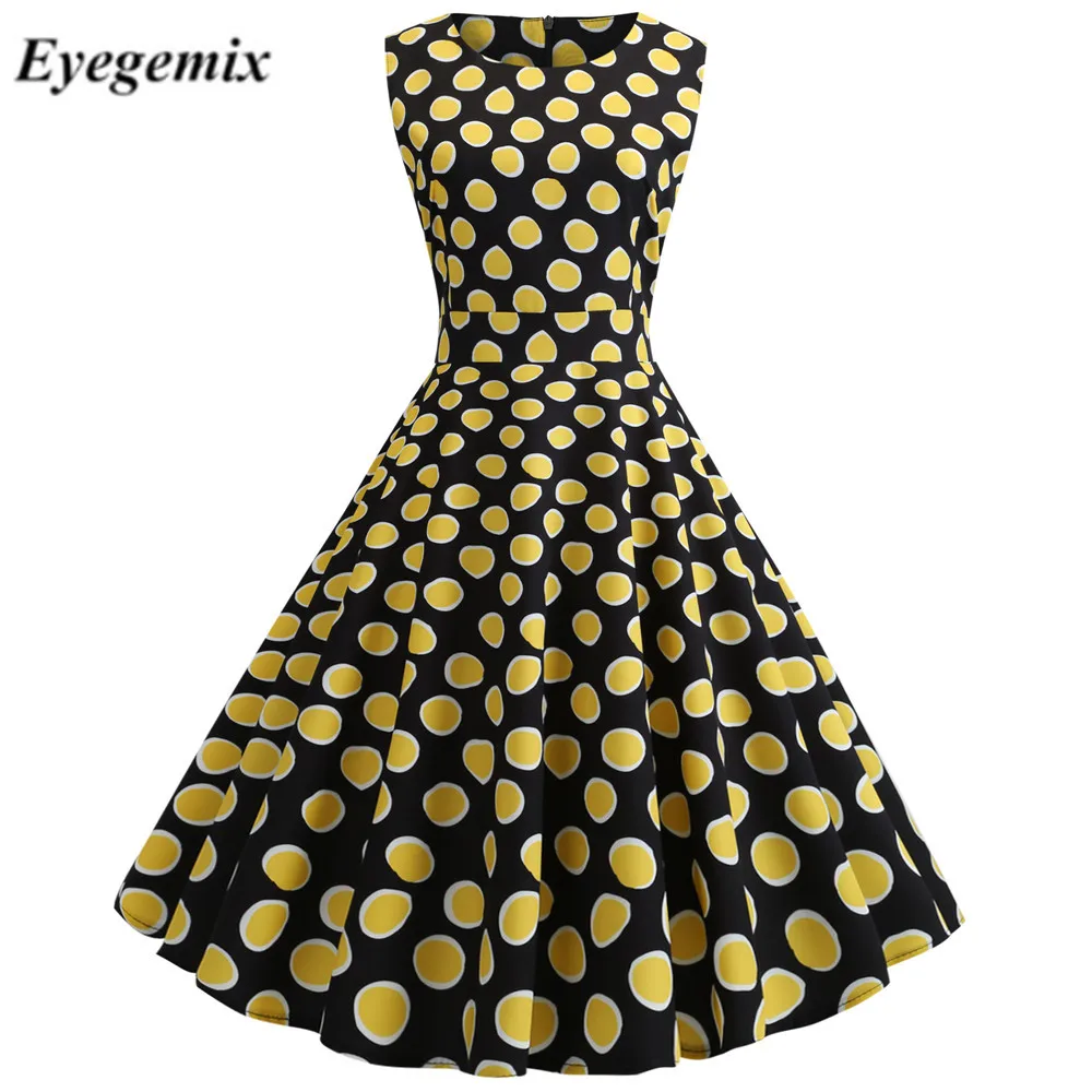 

Yellow Polka Dot O-neck Summer Dress Women Elegant 50S 60S Sundress Audrey Hepburn Vintage Rockabilly Party Dresses Vestidos