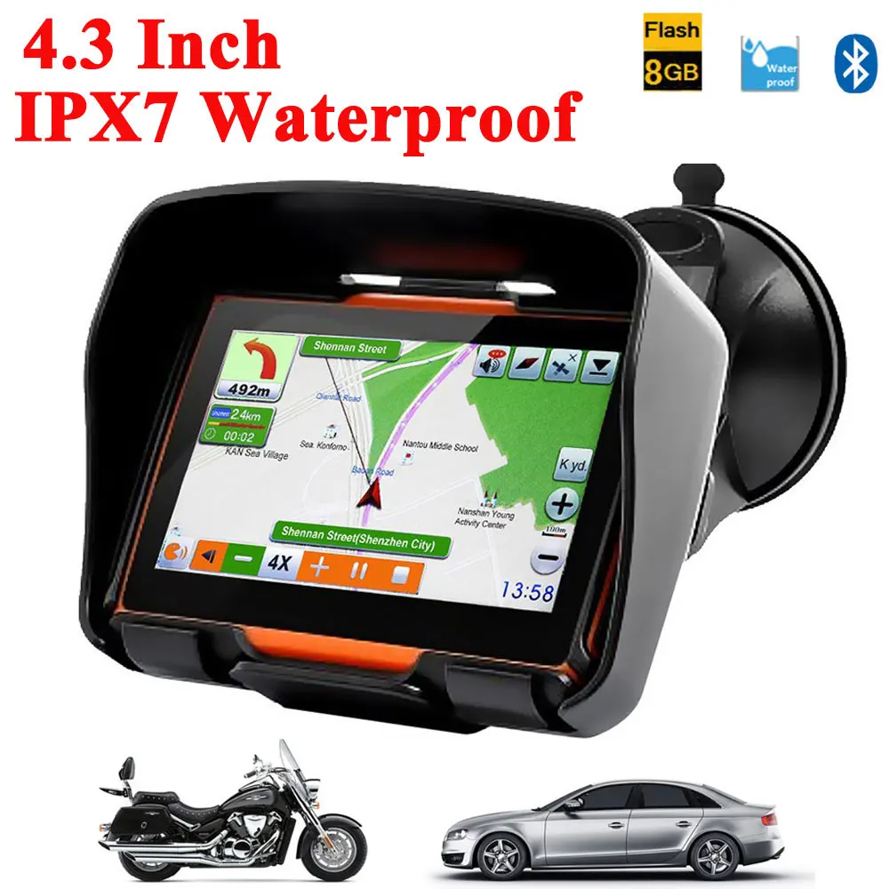 

2016 New Version 4.3 Inch 8GB FM Waterproof Motorcycle Car Cycling Bluetooth GPS Navigation+Free Updated Maps for Most Country