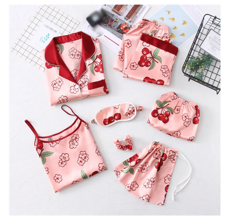 Satin Sleepwear Sexy Pyjamas Pijamas Women Pajamas Sets Slik Sleep Lounge 7 Pieces Nightwear Ladies Pajama Suit Indoor Clothing for women (16)