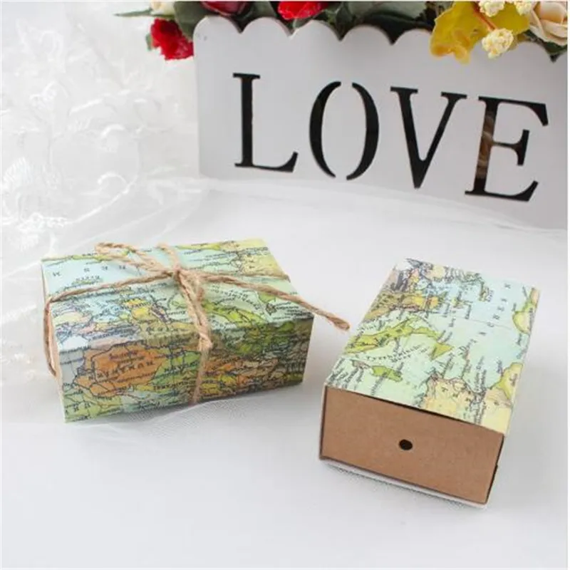 

100pcs Kraft Paper Candy Boxes Wedding Decoration Supplies World Map Drawer Style Gift Box Christmas Party Favors And Gifts Bags