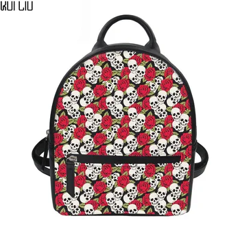 

Customized Fashion Backpack Teenager Girls Book Bagpack Women's PU Leather Backpack Skull Print School Bag Small Travel Mochila