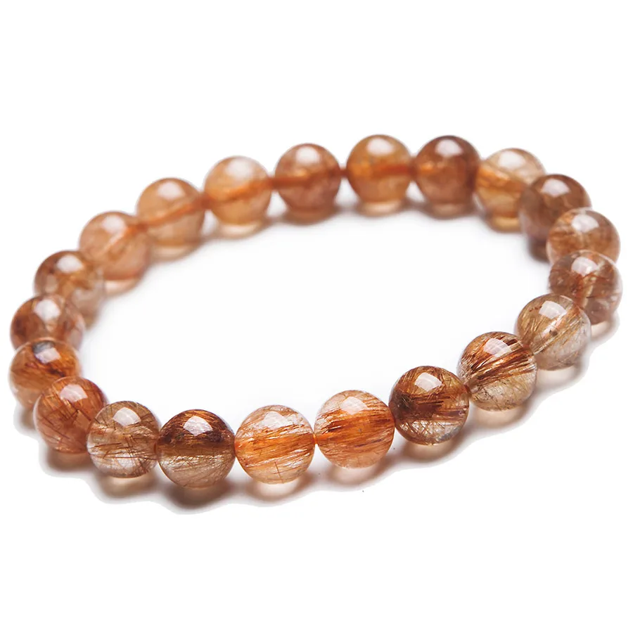 9mm Natural Genuine Brazilian Copper Hair Rutilated Quartz Crystal Round Beads Jewelry Stretch Bracelets For Women Femme | Украшения и