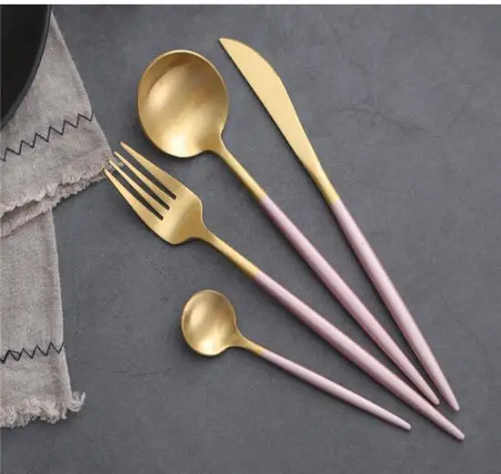 Набор посуды с покрытием из нержавеющей стали, золотой, синий, черный, нож, вилка, столовые приборы, белый, Европейский, Западный, роскошный набор еды, 4 шт - Цвет: Pink Gold