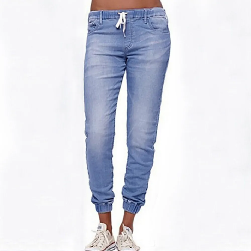 Для женщин осень упругой плюс свободные джинсовые Повседневное шнурок плюс укороченные Jeans_3.15