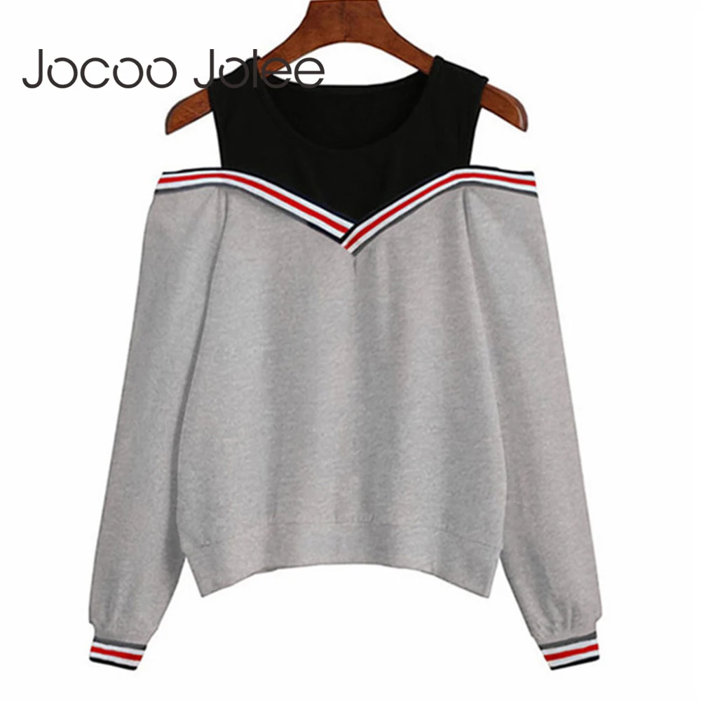 

Jocoo Jolee Female Jumper Sweatshirt 2018 Off Shoulder Patchwork Hoodies Autumn Winter Crew Neck Pullovers Tracksuit Ladies Tops