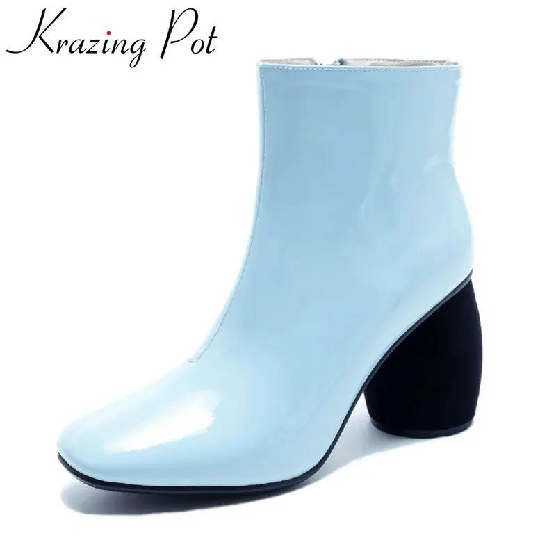 

Krazing Pot 2018 new arrival square toe warm PU winter boots zipper high heel runway solid handmade women Mid-Calf boots L43