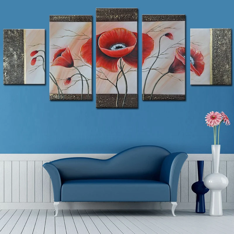 

Red Flower Art 5 Panel Wall Painting Modern Home Decors Art Pictures On Canvas 100% Handmade No framed