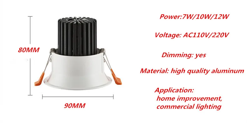 Диммируемый светодиодный светильник 7 Вт 10 Вт 12 Вт 85-265 в COB светодиодный даунлайт с регулируемой яркостью COB точечный встраиваемый светильник лампа белого цвета