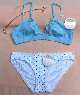 

100% cotton blue white polka dot young girl bra set sleeping underwear bra