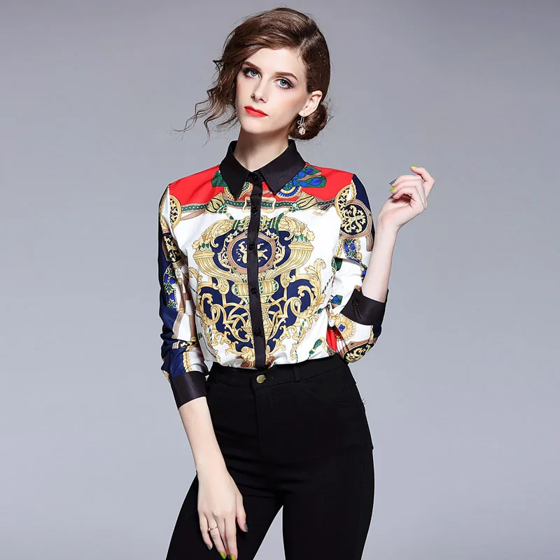 

2019 Spring Womens Tops and Blouses Fashion Designers Runway Blouse Long Sleeve Vintage Print Baroque Shirt Ladies Office Shirts