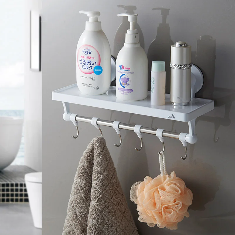 

Wall Suction Cup Bathroom Shelf Cosmetic Storage Rack Organizer Tray Holder Multi-function Bathroom Accessories with Hook