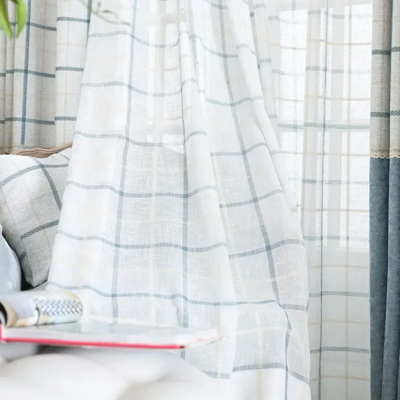 Blue White Plaid Curtains And Valance Chenille Luxury Drapes For